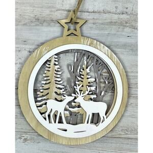 Multi Layered Deer In Woods Wooden Laser-Cut Christmas Ornament 5" Woodland